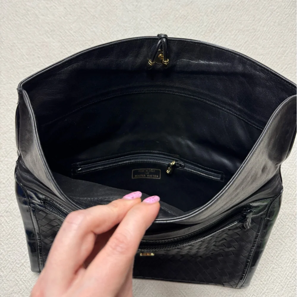 VTG Walter Katten Black Leather Intrecciato Woven Shoulder Bag Clutch Patent - Picture 10 of 11